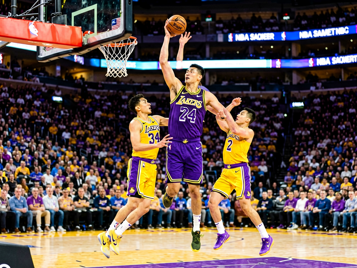 NBA常规赛比赛现场，球员突破上篮